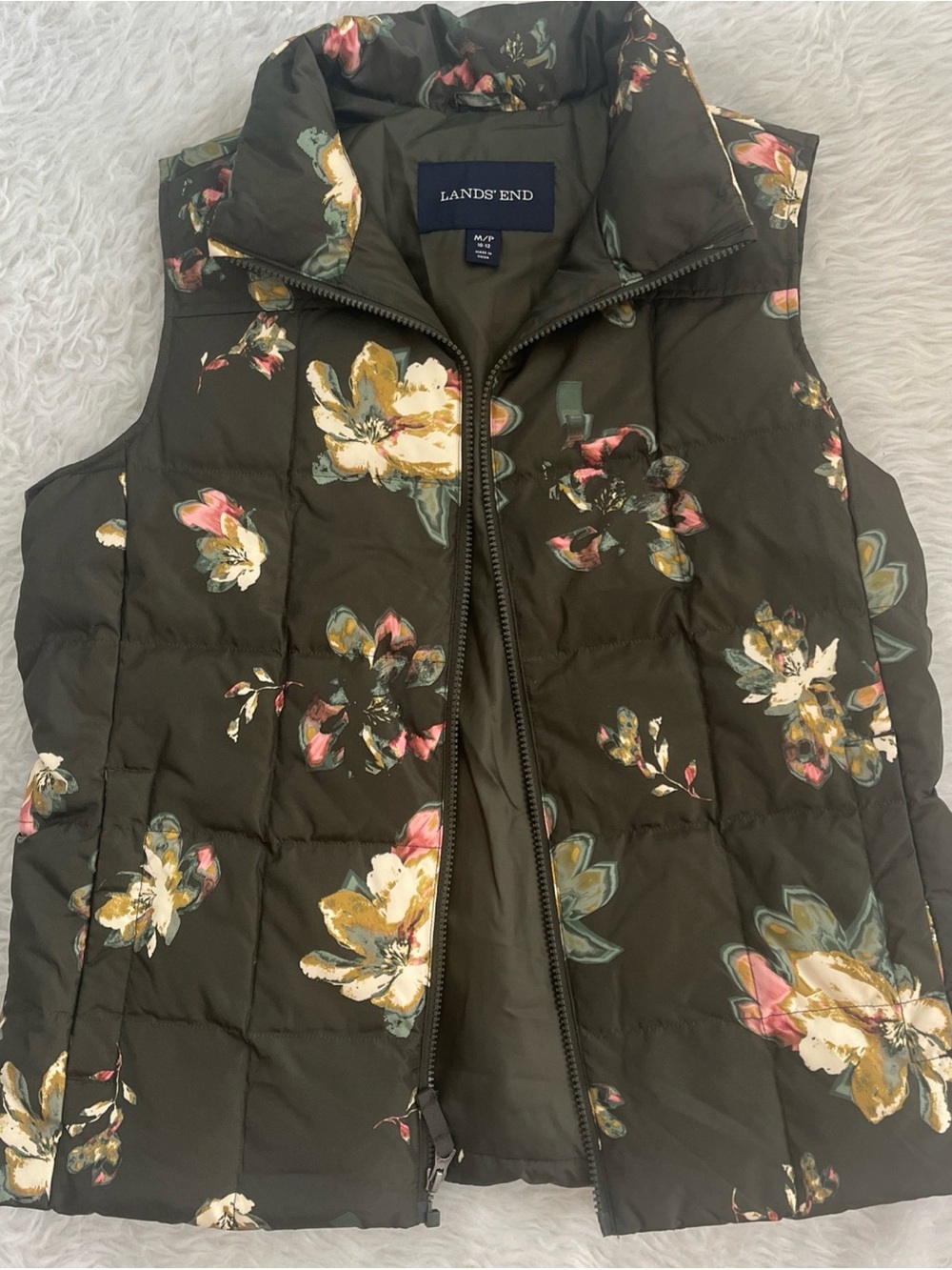 Lands' End Olive Quilted Vest with Cream, Yellow & Pink Floral Print